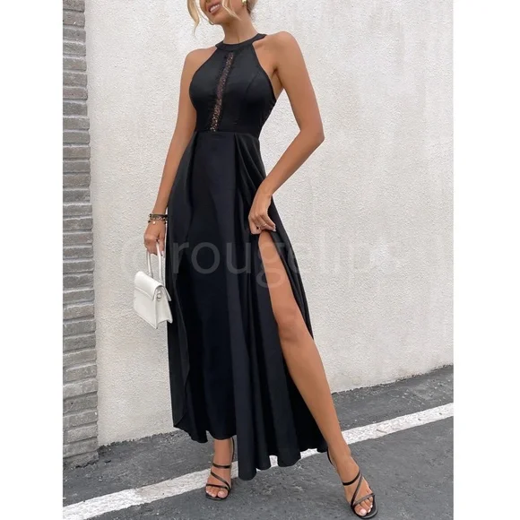 Black Elegant Maxi Dress Lace Halter Neckline Zip Back Flared Long Leg Slit - Picture 6 of 8